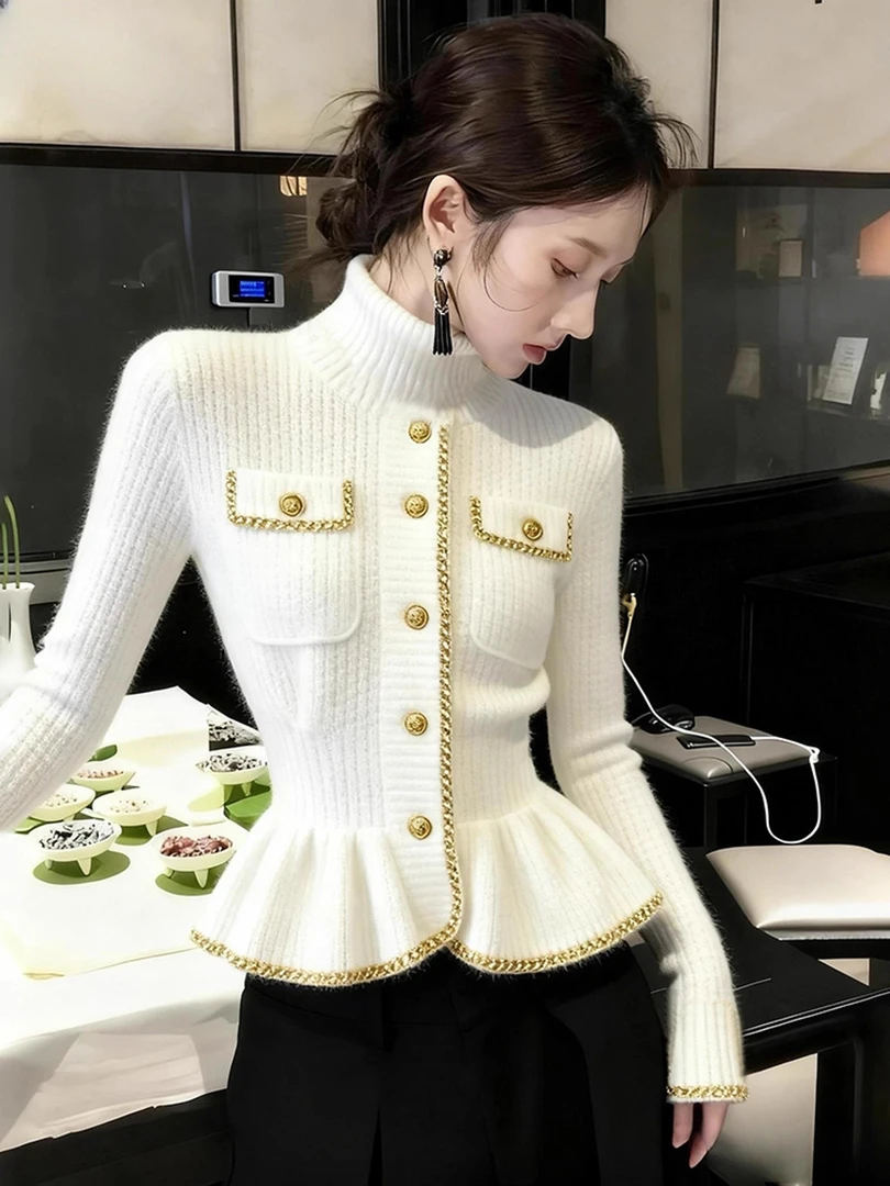 小香风白色高领毛衣女2025秋冬新款时髦洋气时尚气质掐腰针织上衣