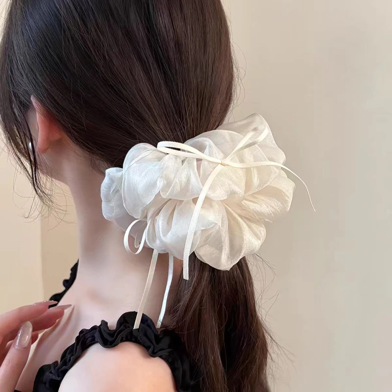 韩系ins风网纱大肠发圈头花女飘带蝴蝶结丸子头发绳马尾头绳发饰