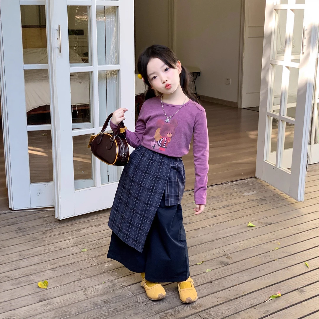 大橙子Studio女童2025秋季款印花上衣长袖格子屁帘休闲裤洋气套装