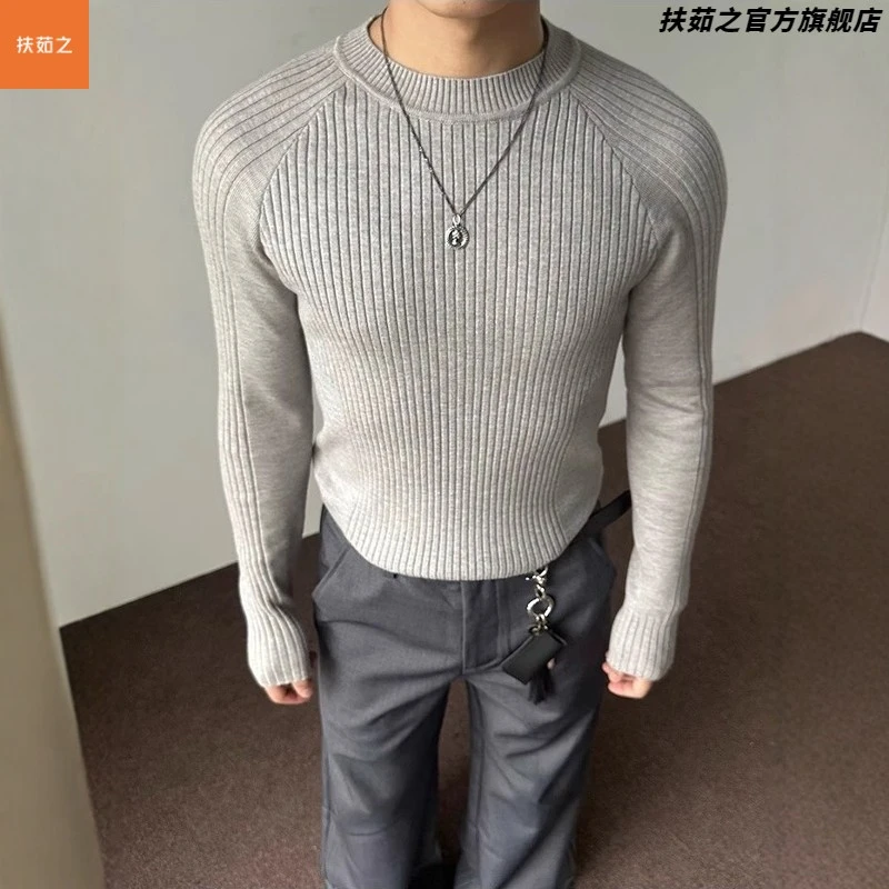 美式灰色修身休闲百搭圆领毛衣男款老钱风长袖针织打底衫