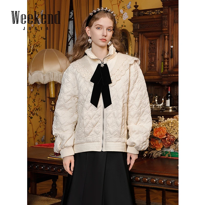 卓雅周末秋新款钩花领千金风心形图案拉链宽松棉服慵懒风EJWDCR51