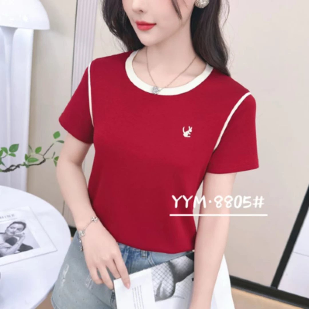 8805#【衣长53】拼色短袖圆领夏季气质短袖T恤洋气夏装上衣