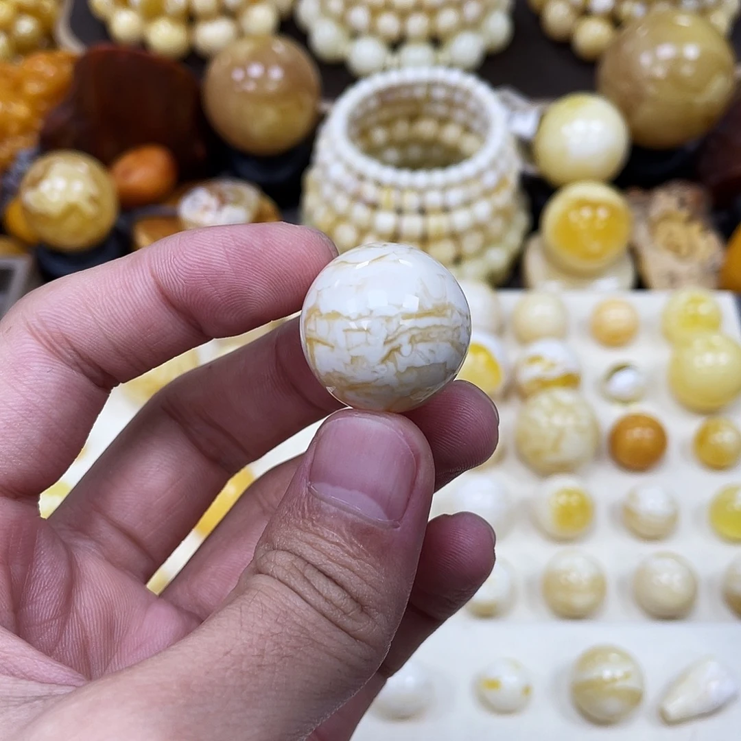 蜜蜡未镶嵌珠宝奇石22.8mm【金丝妖花石膏瓷白】圆珠