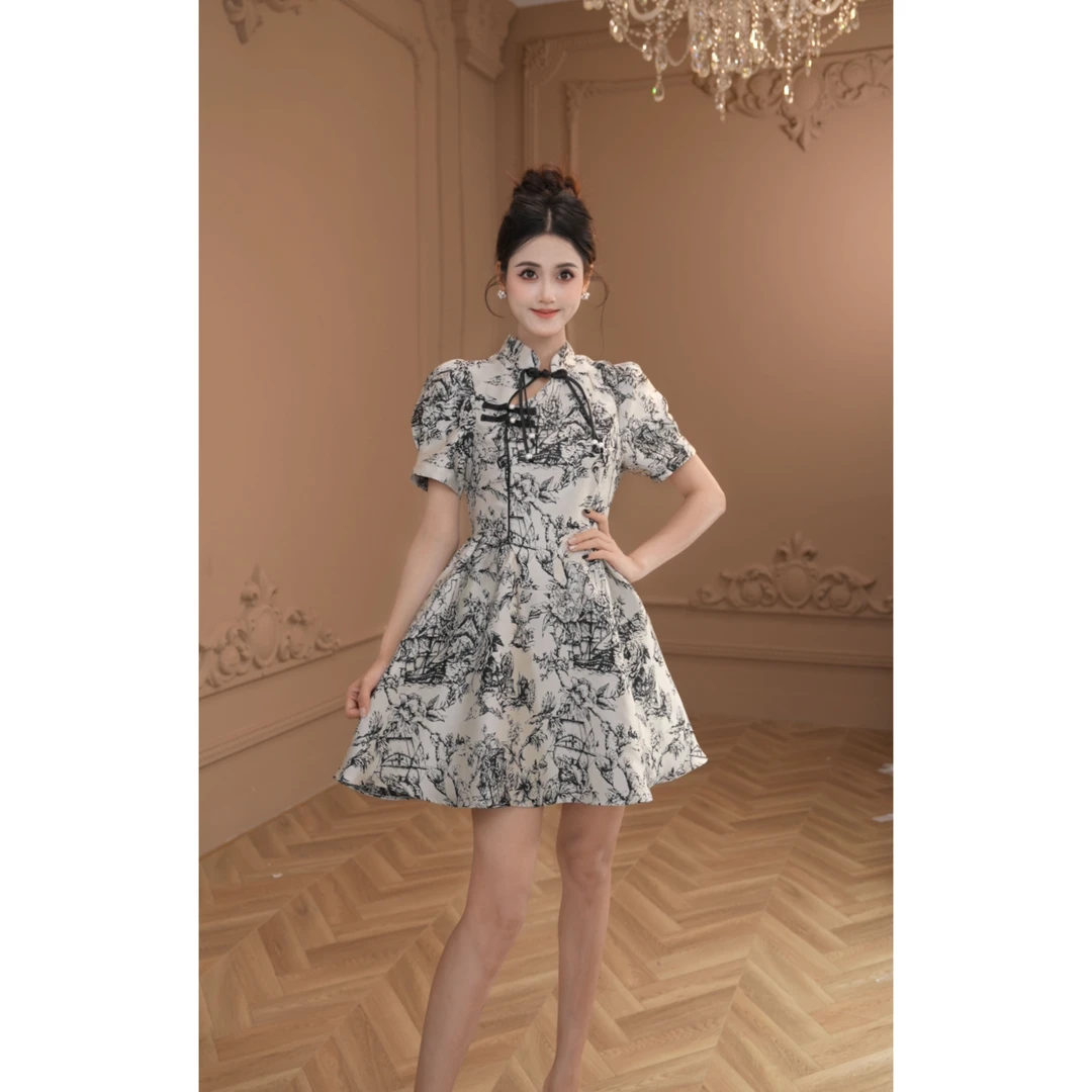 【设计师定制】新款时尚轻奢印花复古中式气质连衣裙61878