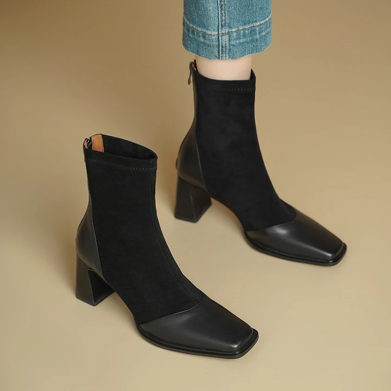 2025年新款春秋短靴子后拉链时尚粗跟复古百搭气质高跟弹力瘦瘦靴