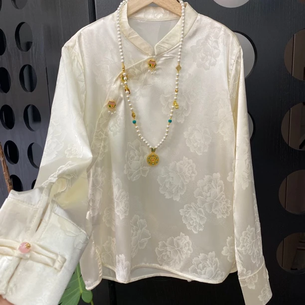 “小粉锁” 斜襟改良提花长袖上衣新中式私服定制