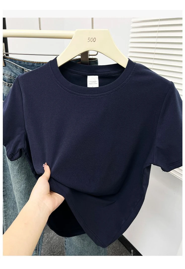 小众圆领正肩短袖t恤女装夏季新款休闲显瘦百搭纯色半袖小衫上衣