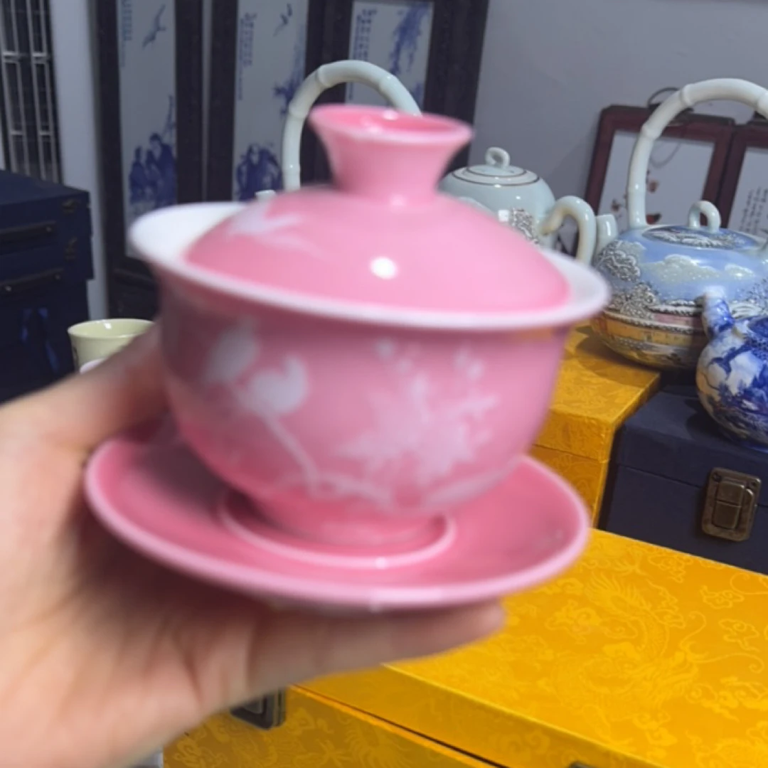 景德镇陶瓷桃红三才盖碗