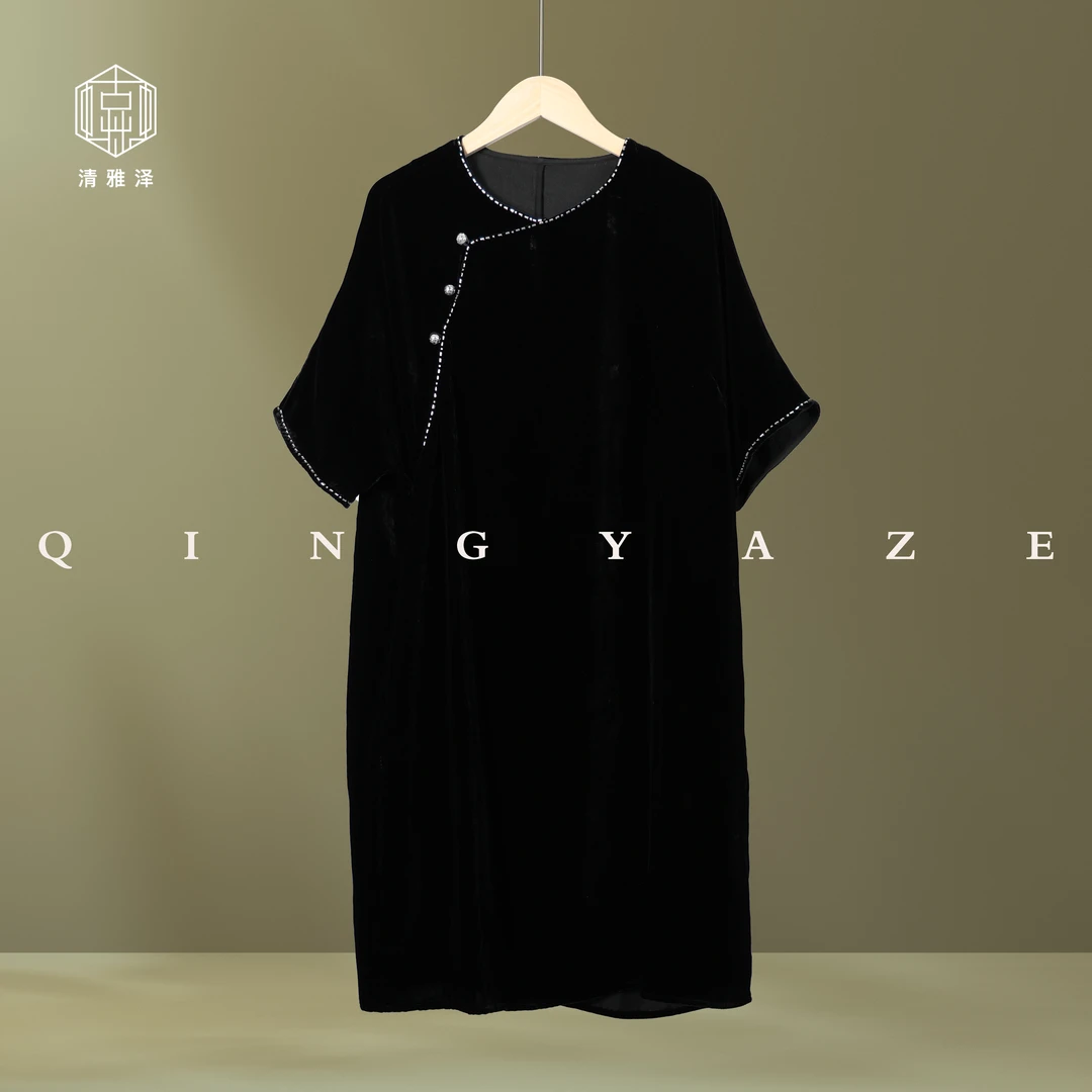 “描银”丝绒！真丝丝绒手工订珠新中式小黑裙连衣裙！黑色GZ4457