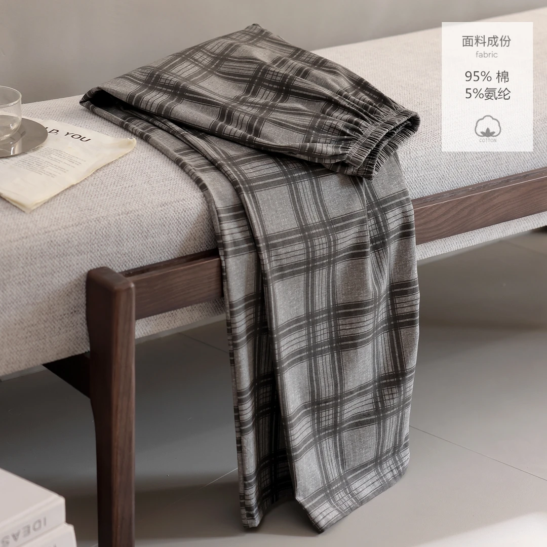 睡衣男单件长裤纯棉印花男士睡裤春秋格子遛弯裤男生休闲外出睡裤