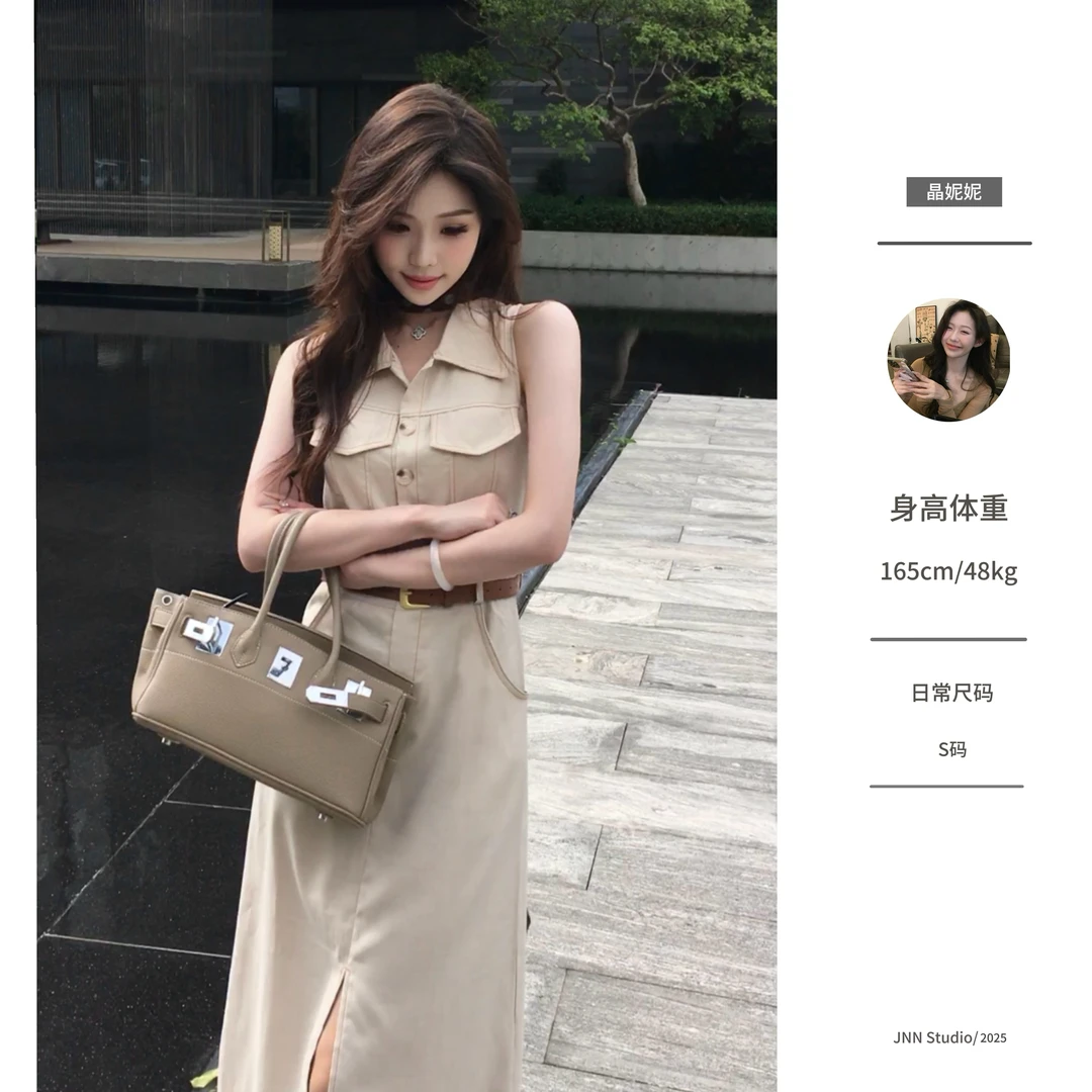 2025夏季新法式翻领衬衫连衣裙女夏季气质高级感通勤收腰修身裙子