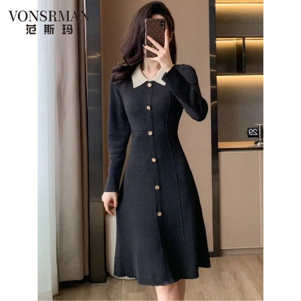 优雅长款针织连衣裙秋冬女装2025年新款高级感V领修身显瘦小黑裙v