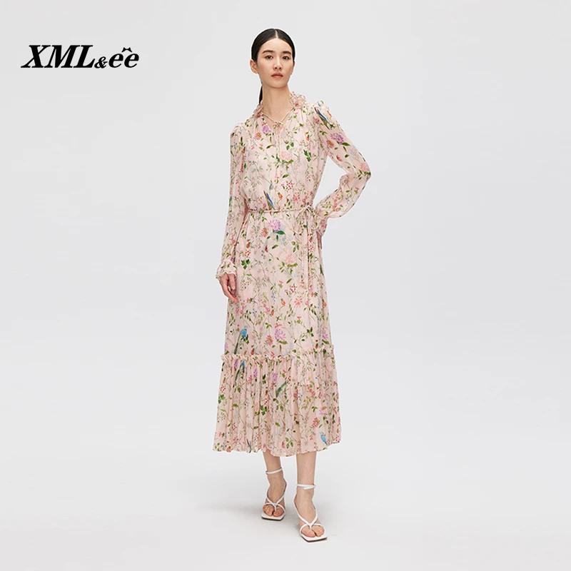 【可可专属】XMLee 粉底印花夏日限定优雅收腰气质连衣裙X412L4060
