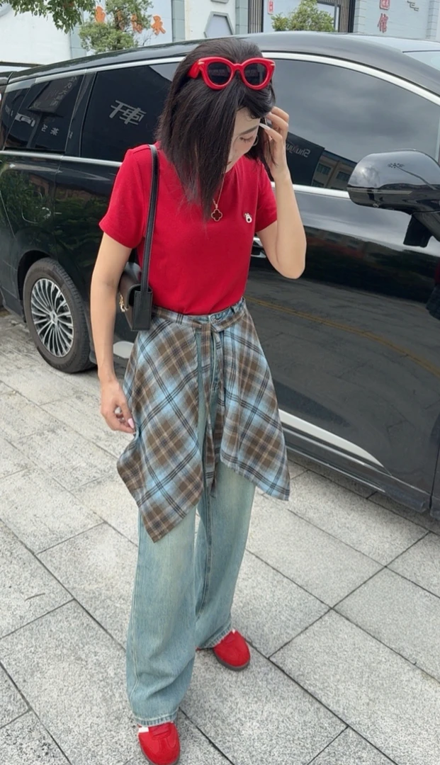 窄版阴影口袋复古色水洗阔腿上身显瘦百搭牛仔裤88