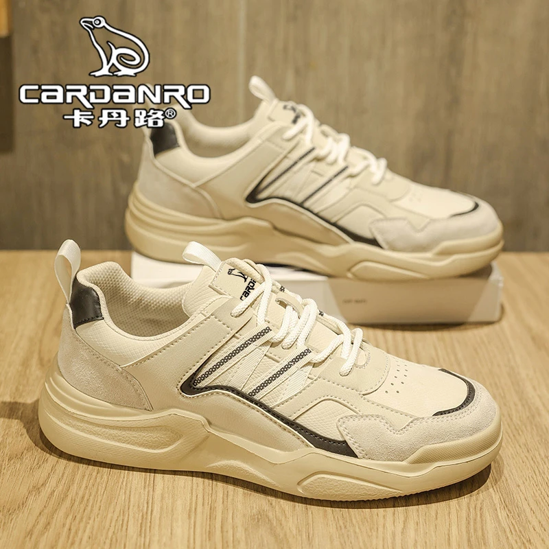 意大利卡丹路男鞋秋季高级感百搭皮面休闲板鞋男士软底运动小白鞋