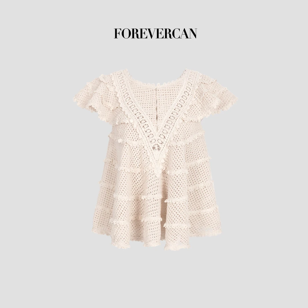 FOREVERCAN“夏日际遇”法式镂空V领短袖A摆针织娃娃衫ST23655