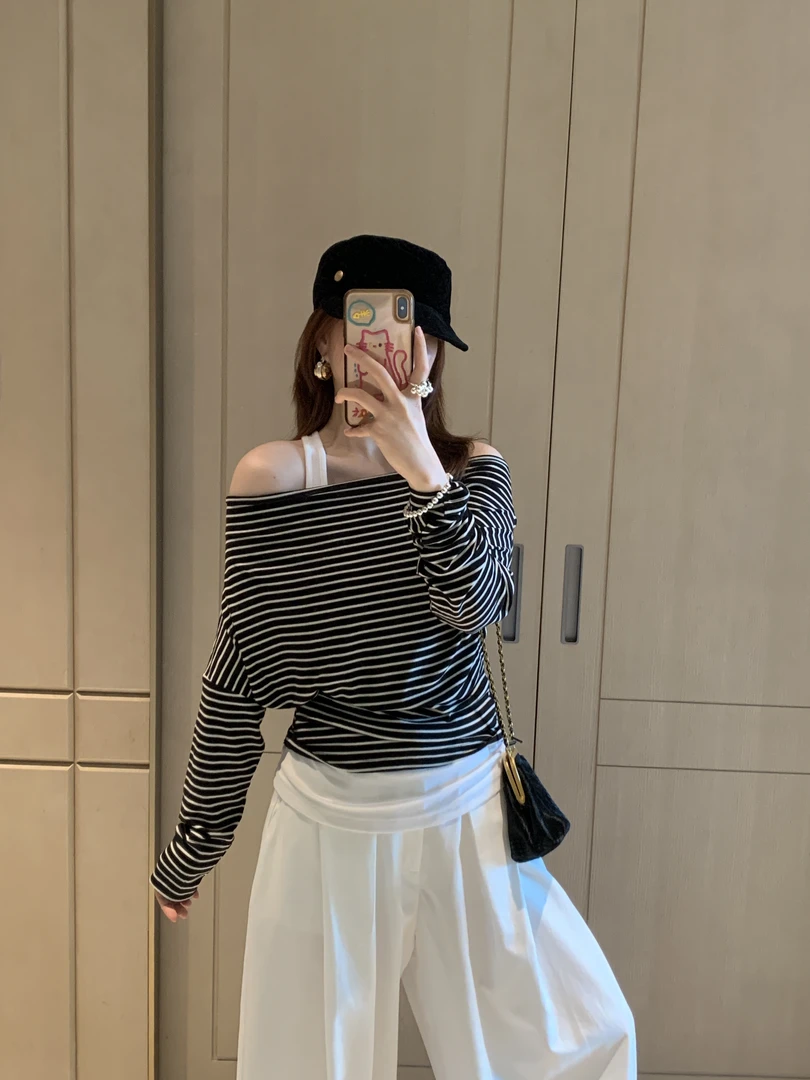 一字领修身型常规款条纹T恤长袖假两件时尚百搭上衣