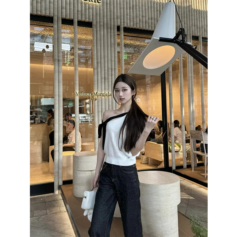 2025春夏新款设计感纯欲系带斜肩短袖针织衫上衣高腰长款裤子套装