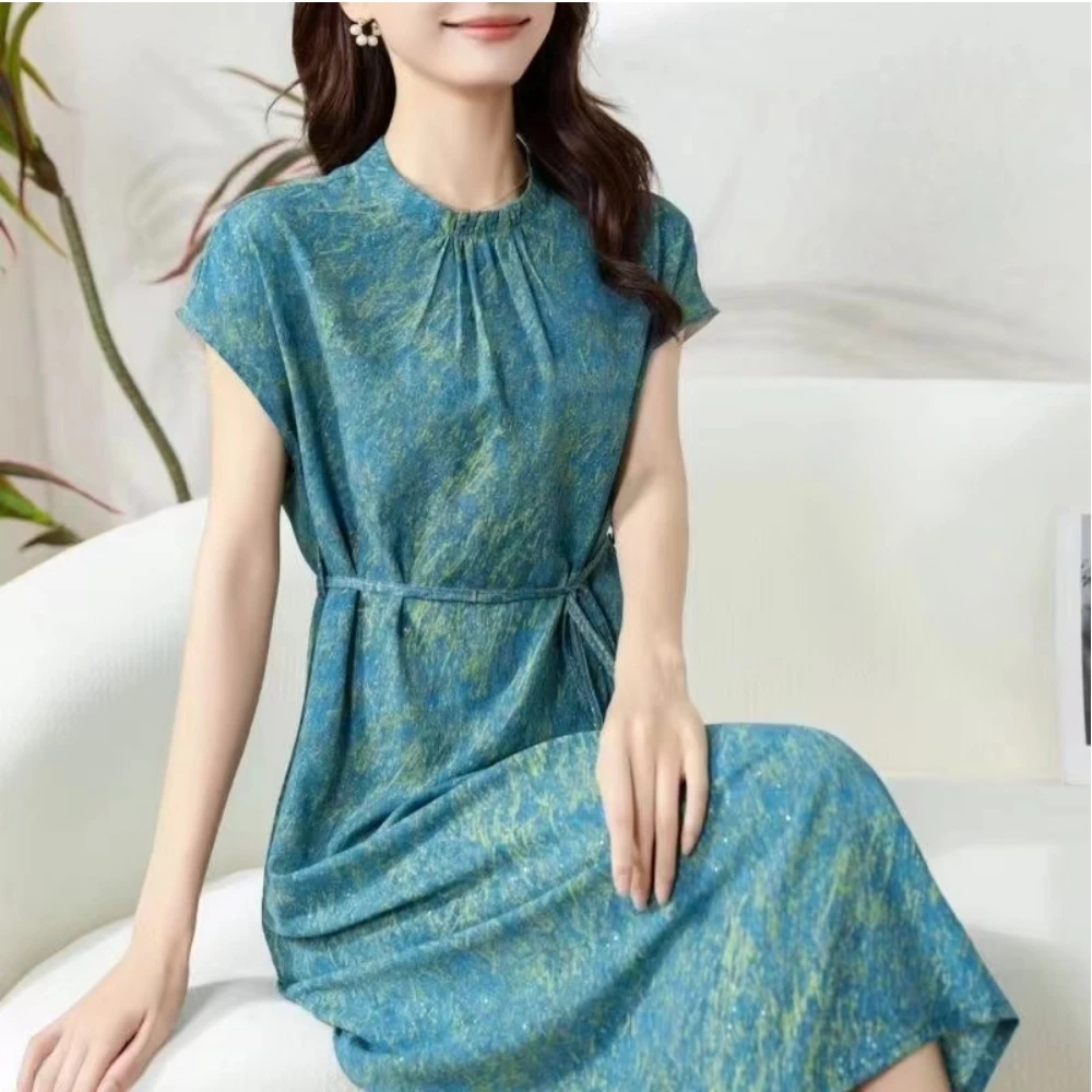 春夏收腰2025长裙云锦夏季提花新款气质短袖圆领连衣裙QZ6291