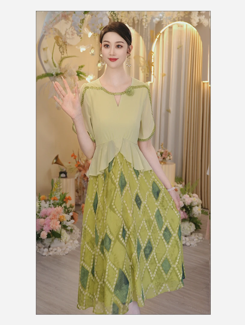 G6530绿色气质连衣裙夏女2025新款法式假两件裙子女夏季