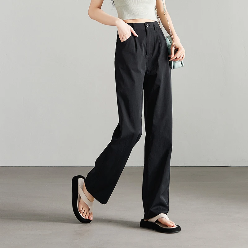 索菲丝尔夏季直筒拖地裤西装裤流行高腰显瘦简约休闲黑色女521122