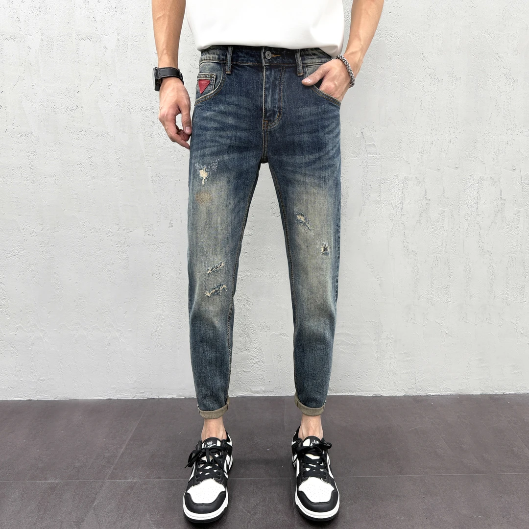男士修身九分牛仔裤秋冬爆款2025新款补丁破洞潮流韩版男款小脚裤