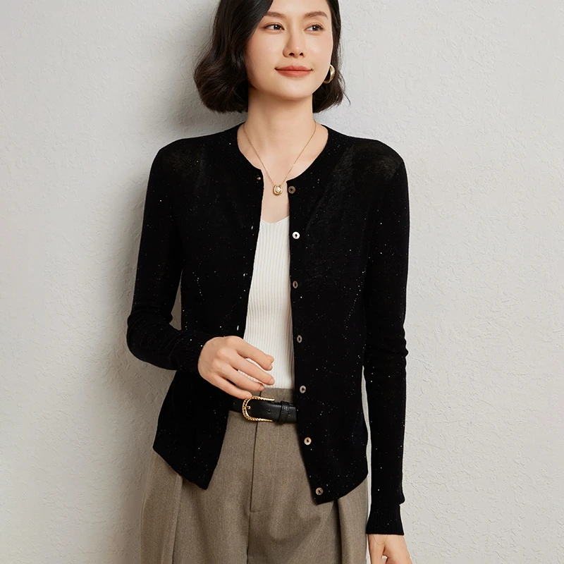 珠片圆领领针织开衫女宽松毛衣外套显瘦上衣气质百搭