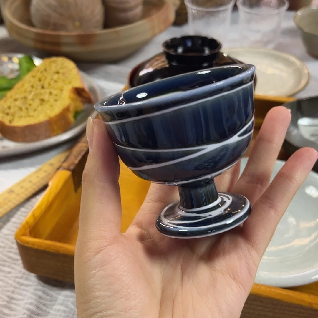 瓷片高足蓝釉线条杯水果小钵咸菜钵6