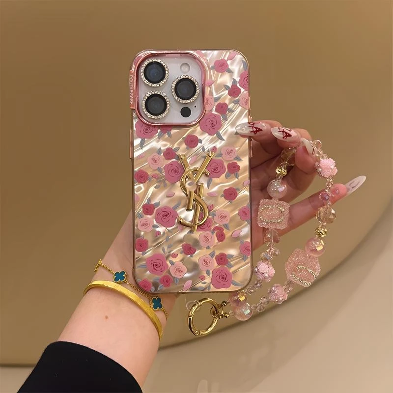 全屏粉玫瑰水波纹适用苹果16promax手机壳iphone15/14/13/12链条