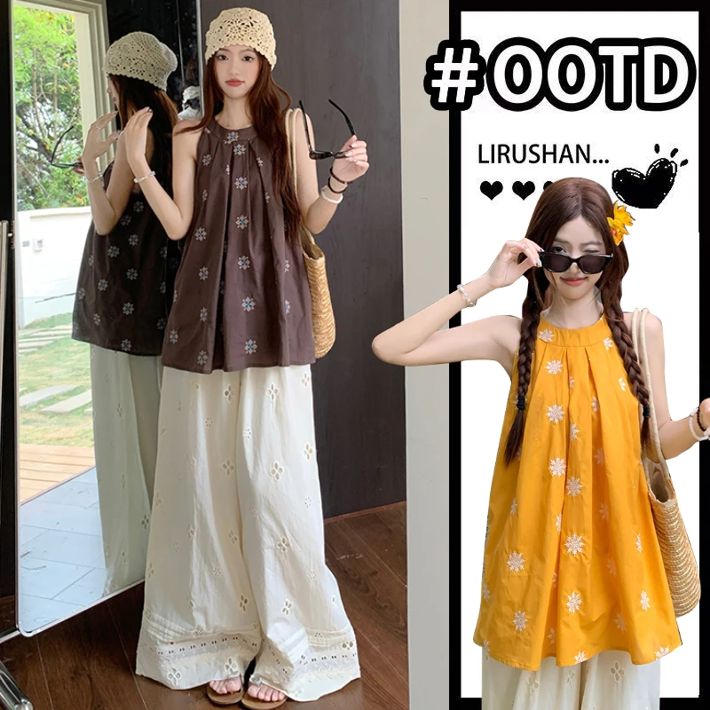 洋气孕妇装夏装套装外出网红款重工刺绣碎花上衣搭配孕妇裤子薄款