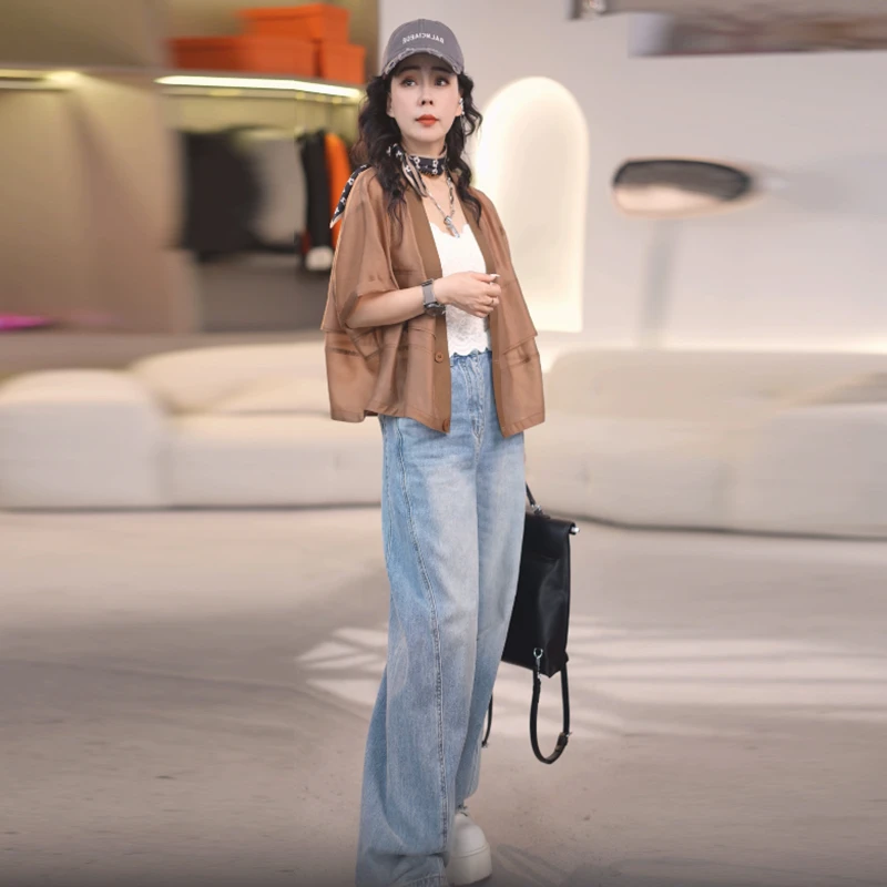 插肩袖宽松常规款气质外套休闲女短款复古三分袖短外套百搭417