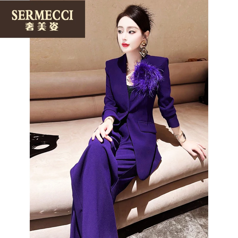 奢美姿2025年春秋贵气感别致设计感花朵西装西裤两件套装女