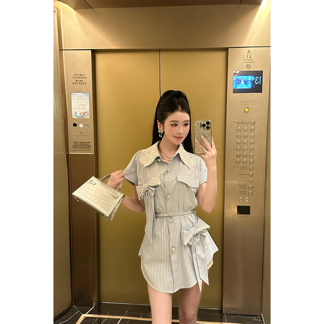 毛妮LADIESFIRST【蝴蝶效应】娃娃领蝴蝶结收腰连衣裙配腰带L1880