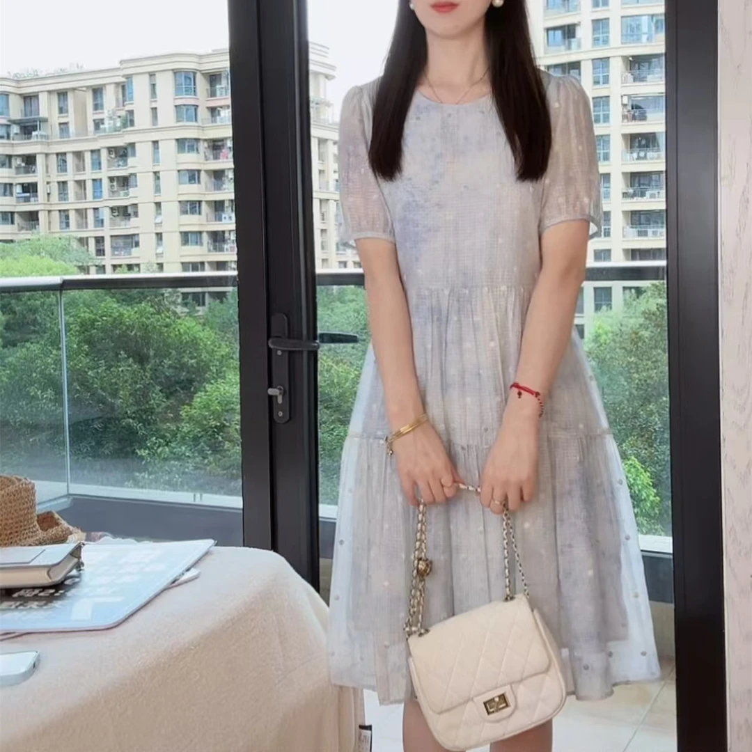 连衣裙百搭温柔优雅气质显瘦2025夏季宽松收腰中长款裙子蓝色系