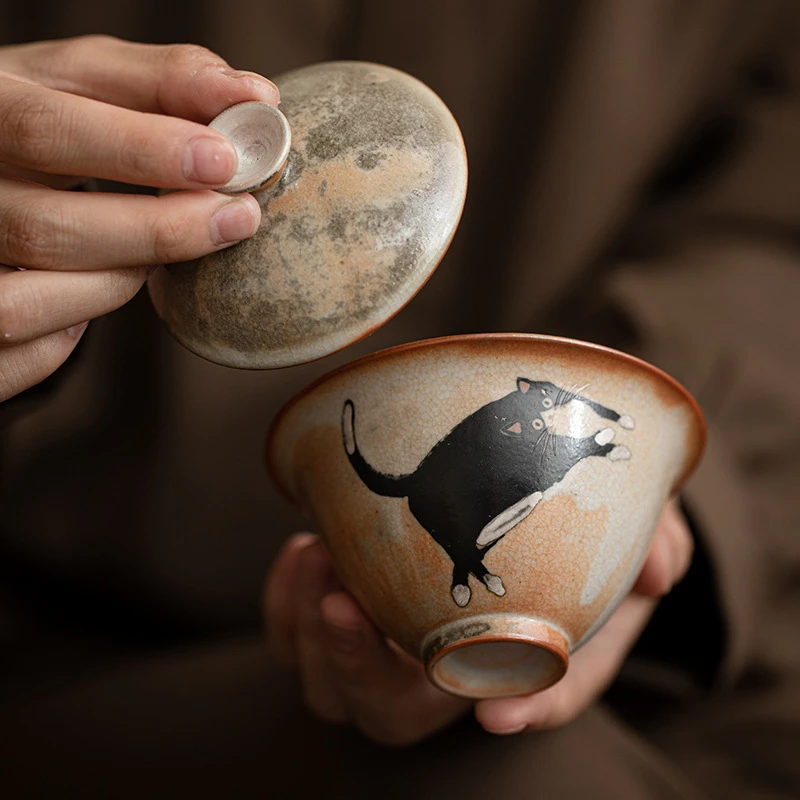 手工窑变复古陶瓷二才盖碗单个小泡茶碗茶杯志野猫畅怀盖碗 日式