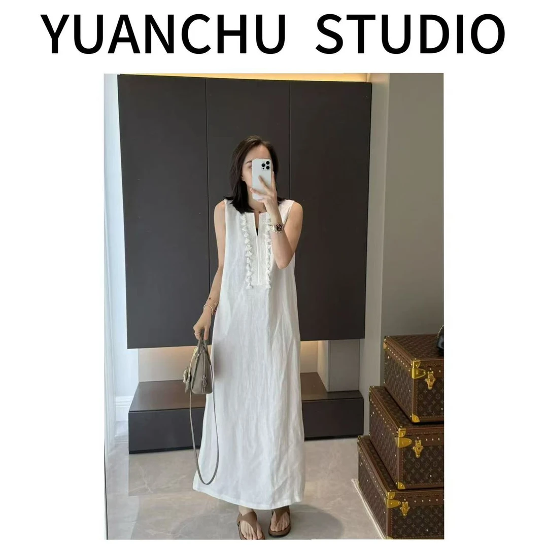【YC】法式气质无袖连衣裙2025夏季小众高级感V领背心裙开叉长裙