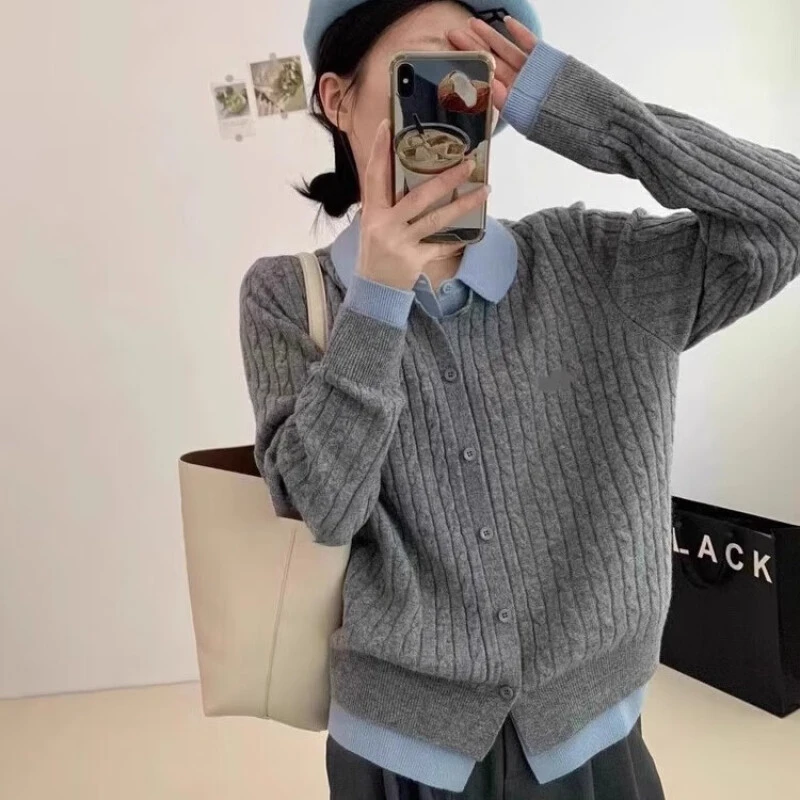 春装长袖针织衫假两件拼接网红设计感洋气宽松时尚显瘦毛衣上衣