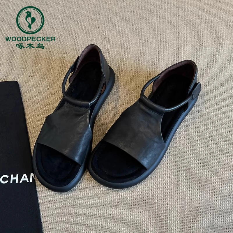 啄木鸟复古休闲镂空厚底露趾凉鞋女夏季新款百搭时尚增高罗马鞋女