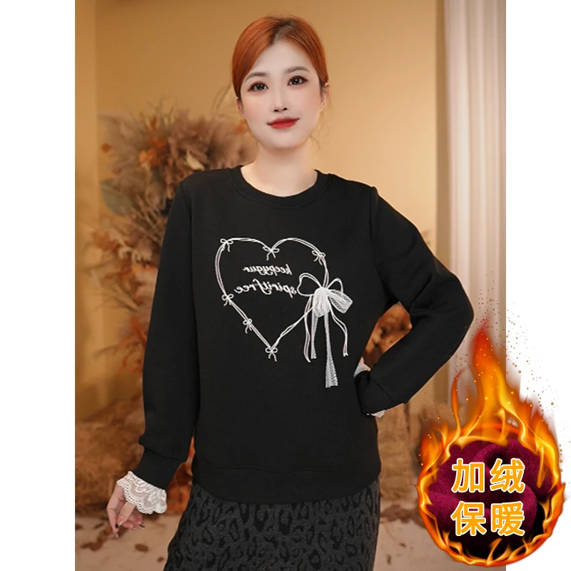 《哆啦》冬季大码女装蕾丝拼接印花加绒加厚宽松胖mm卫衣女25887