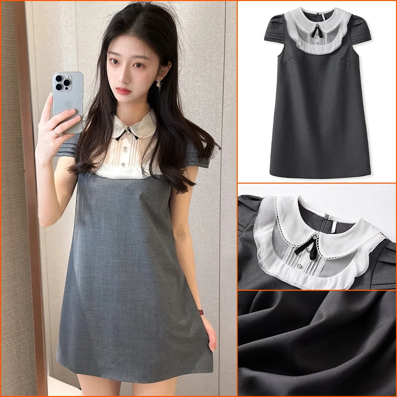 W.WANG名媛风气质千金感短袖裙子女2025夏季精致优雅娃娃领后妈裙