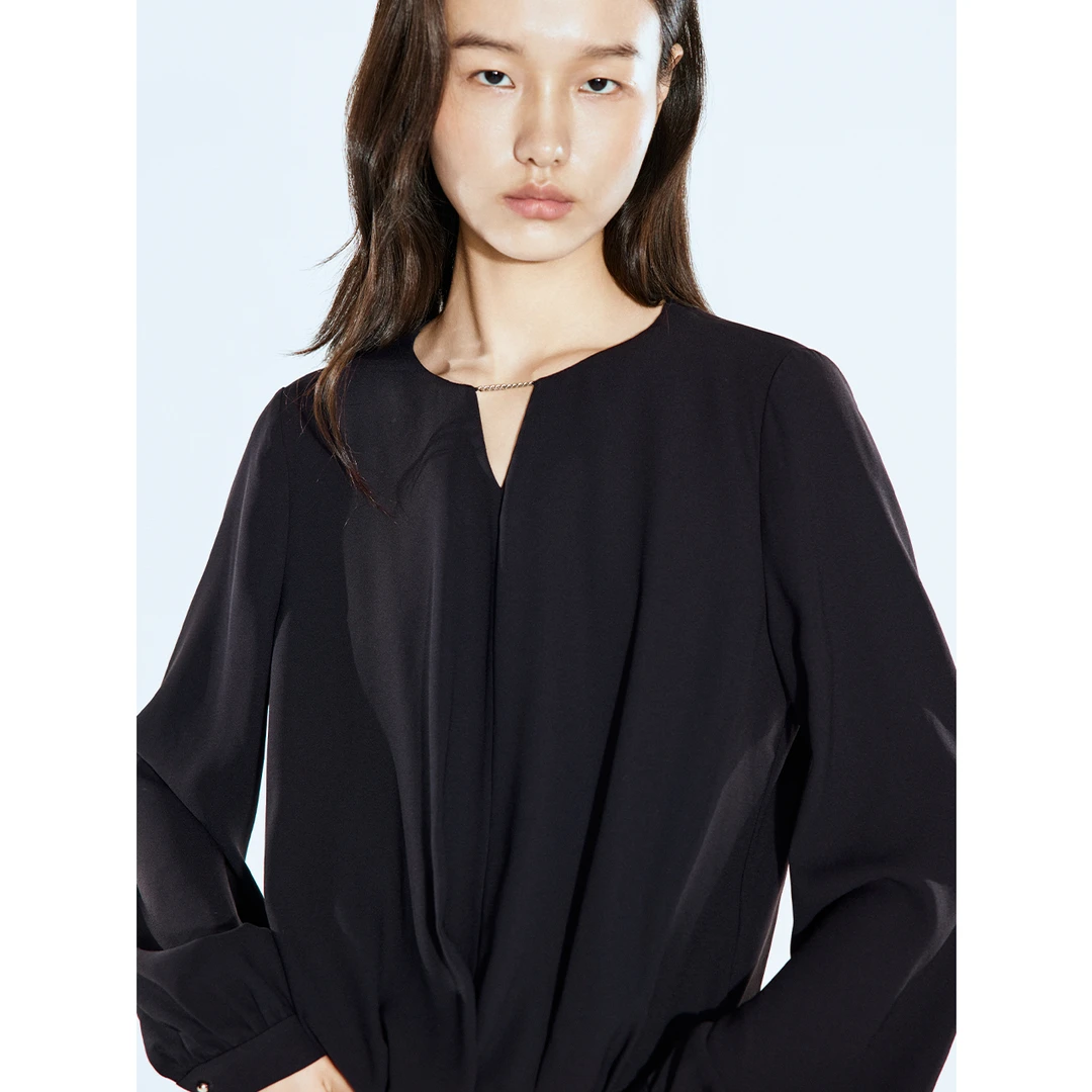 COVERINS2025春季圆领垂感醋酸褶裥气质品质百搭单上衣CC35170020