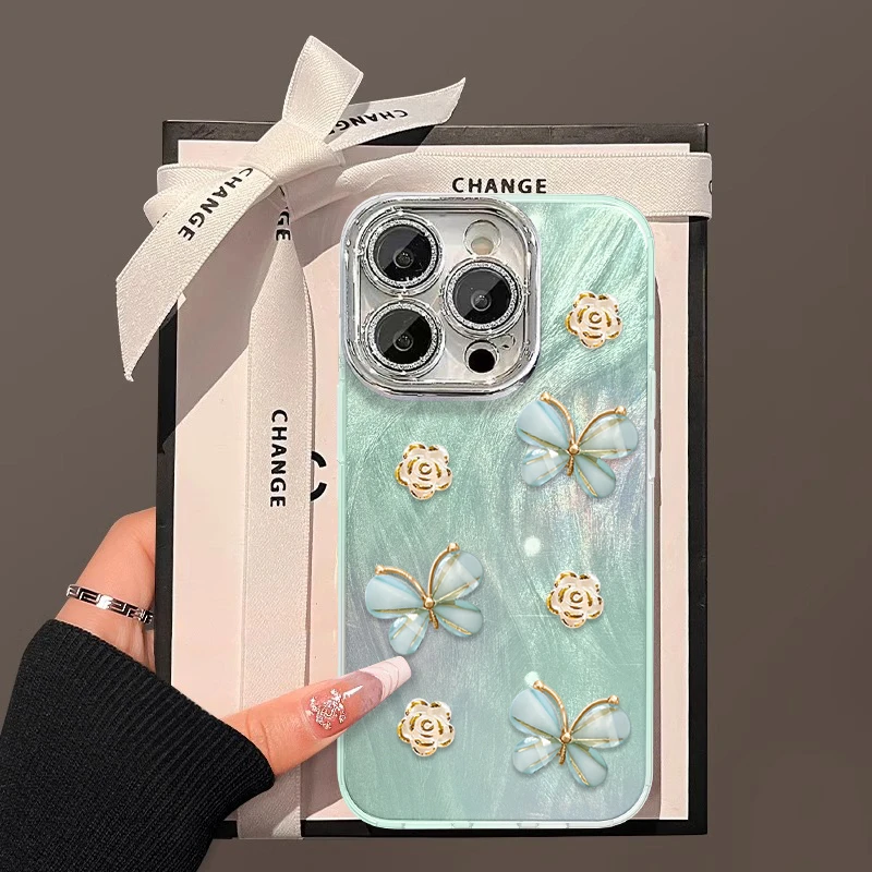 绿蝴蝶玫瑰手机壳适用于苹果16华为/oppo/vivo高颜值网红流行女款