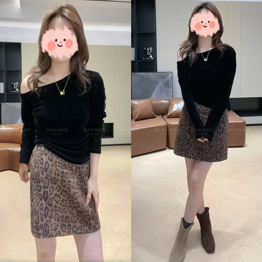 早秋新款韩版露肩纯欲风打底衫今年流行复古时尚豹纹高腰短裙套装