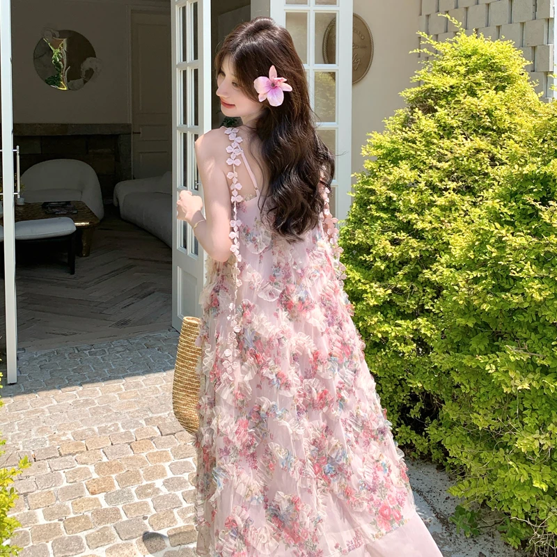 超好看立体木耳边连衣裙女2025夏季新款氛围感甜美减龄洋气中长裙