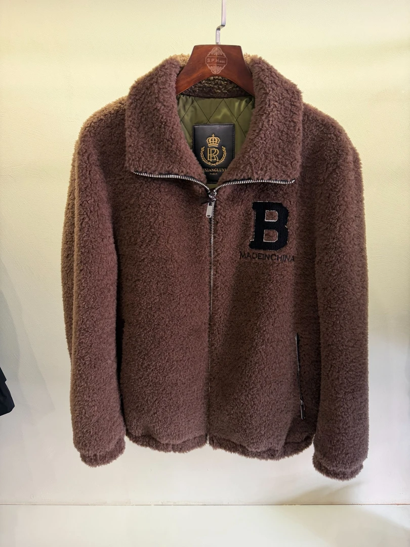 休闲男保暖免烫羊羔绒百搭立领厚款冬季皮衣短款提花