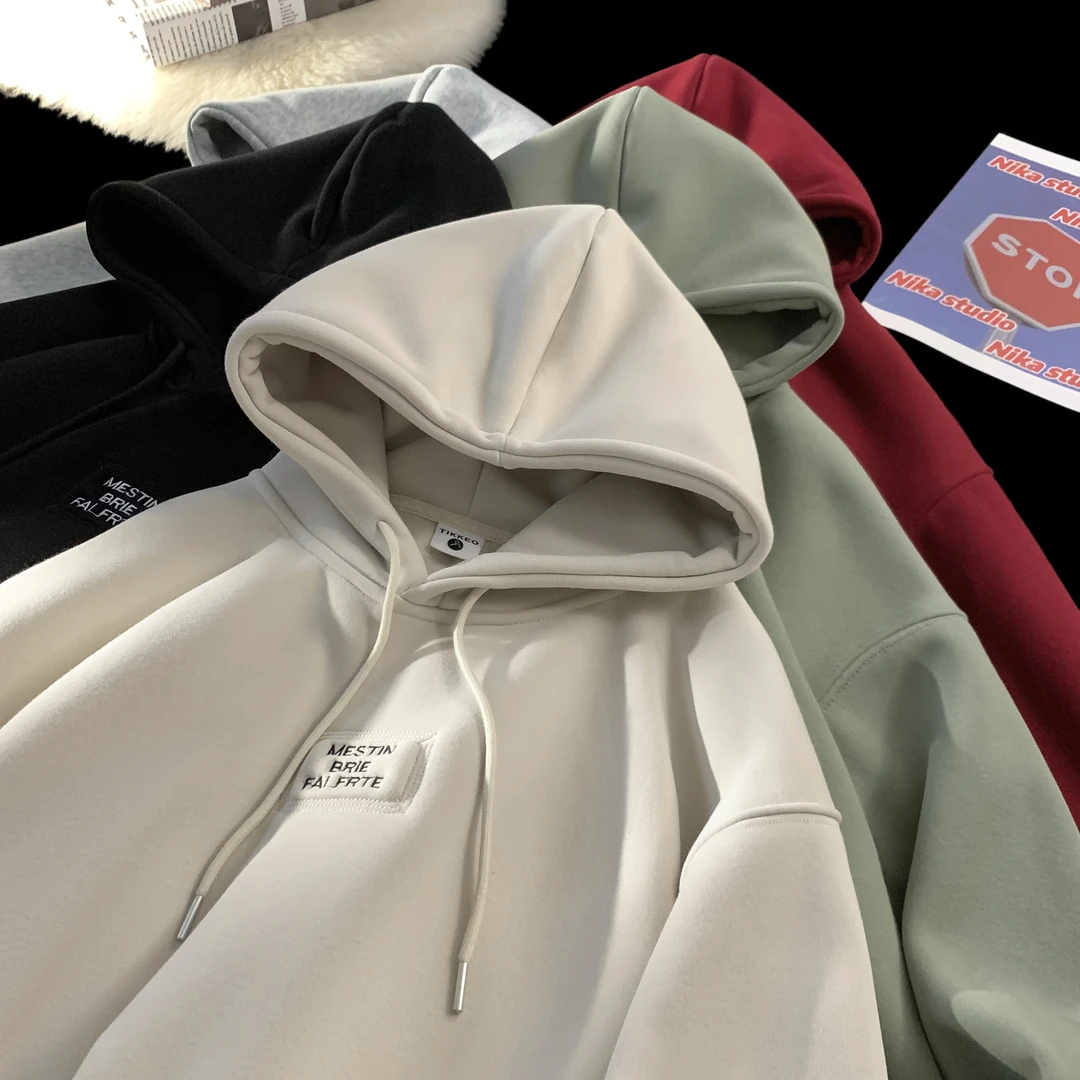 重磅秋冬2025红色刺绣连帽卫衣男女同款美式休闲新款外套纯色潮流