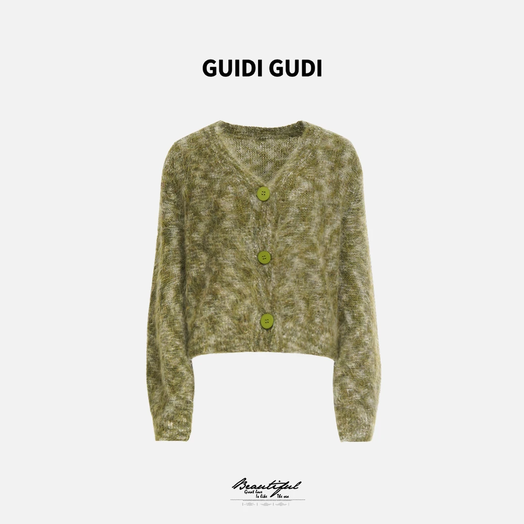 GUIDI GUDI【郁郁葱葱】马海羊毛长袖针织开衫外套/黄加蓝