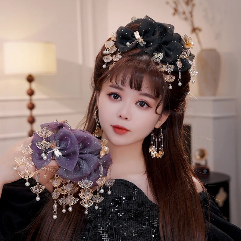 竹节蜻蜓抓夹超仙秋季新款鲨鱼夹蝴蝶团扇流苏新中式汉服发饰发夹