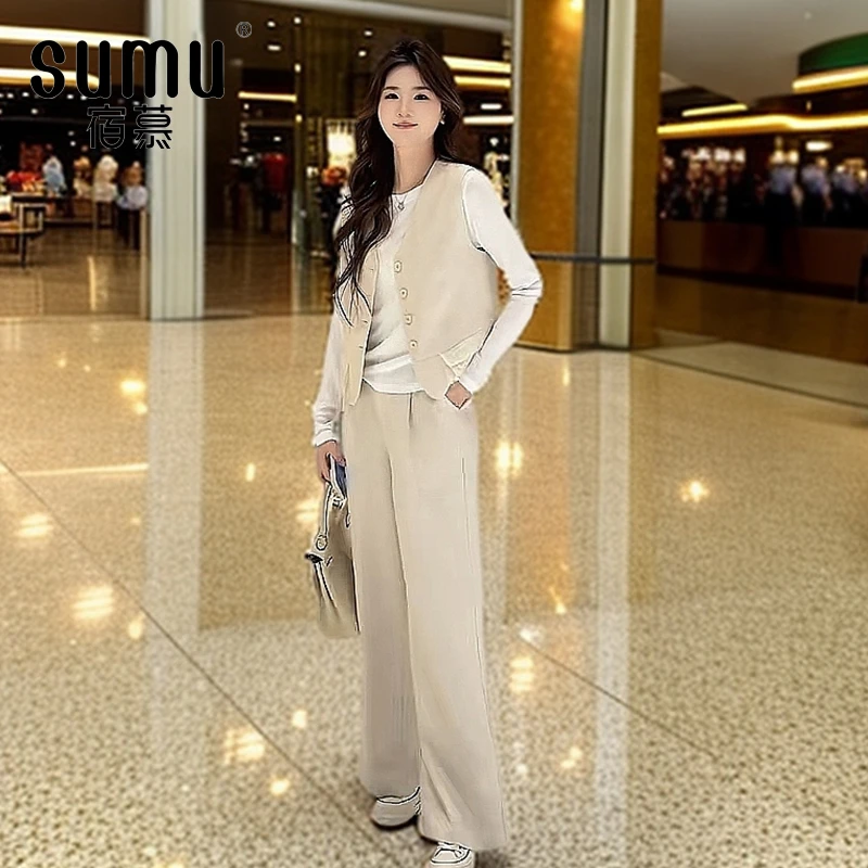 宿慕SUMU女装套装秋季2025新款长袖马甲长裤三件套短款套装M000SV