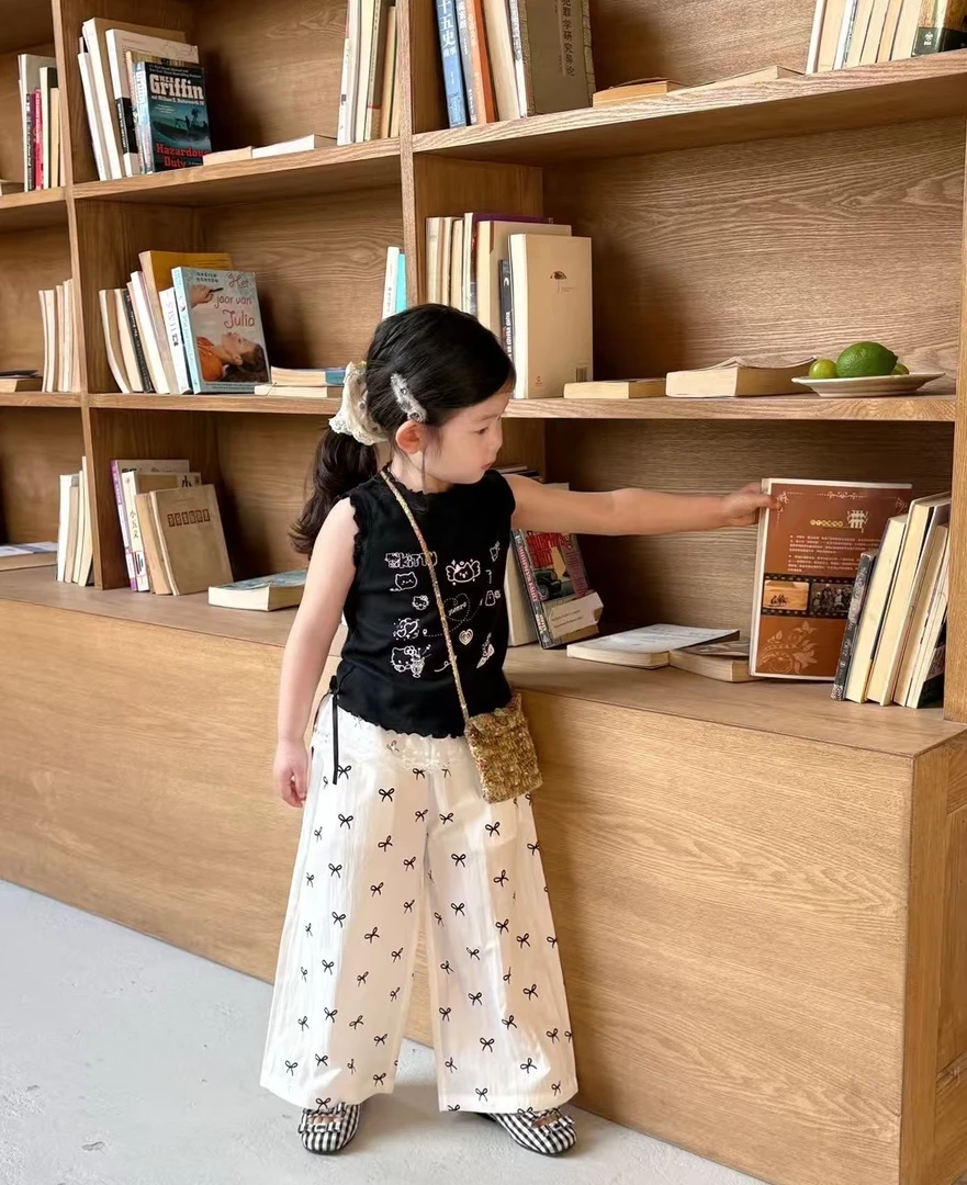 【XTL】2025新夏黑色木耳边卡通猫背心蝴蝶结裤25252